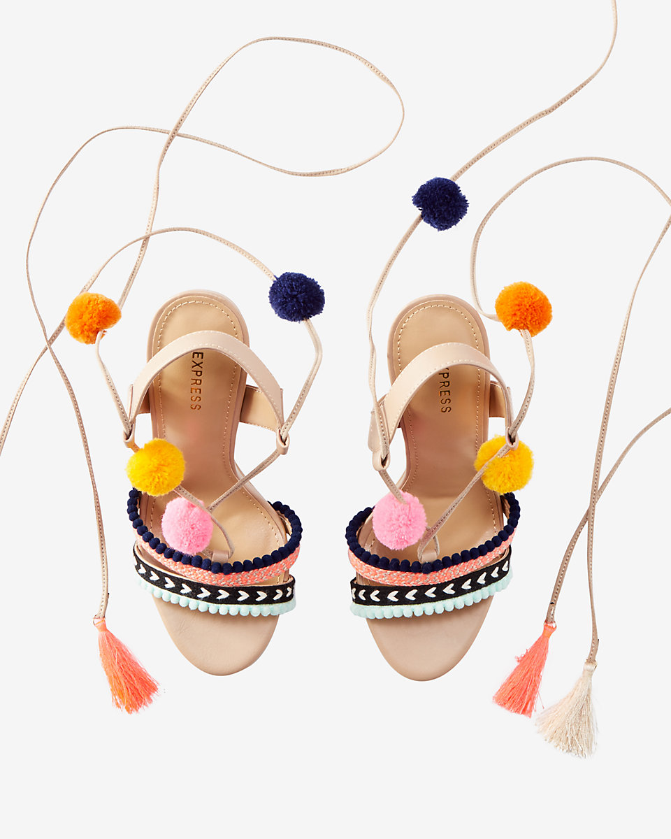 wrap around heels with pom poms