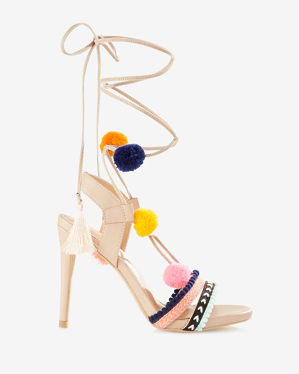 wrap around heels with pom poms