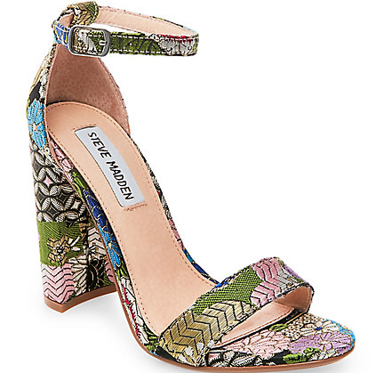 green patterned ankle strap heels