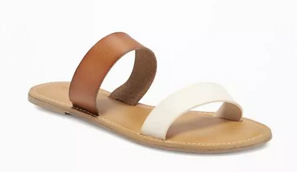 brown and cream double strap flat sandals