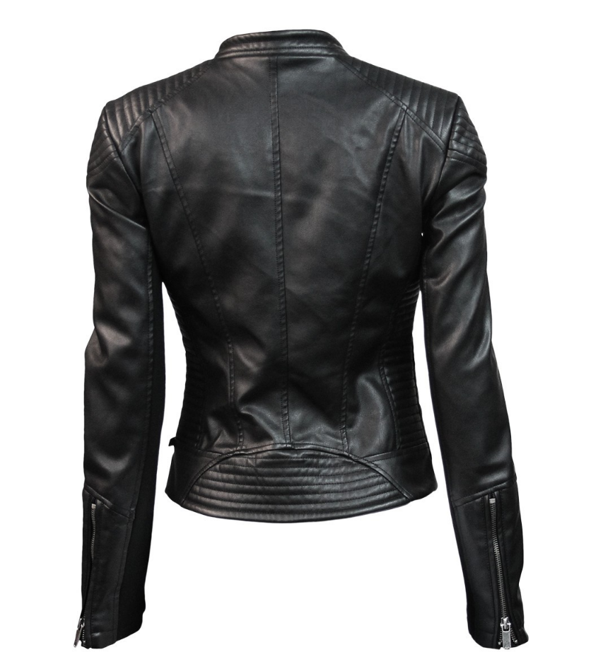 womens vegan leather jacket in black back view