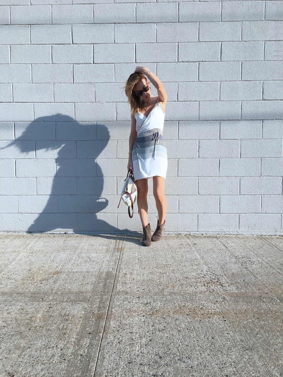 Full view white dress with blue stripes outfit