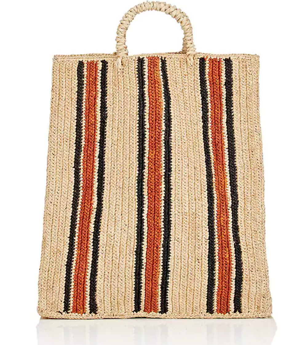 Natural straw bag with red and navy stripes
