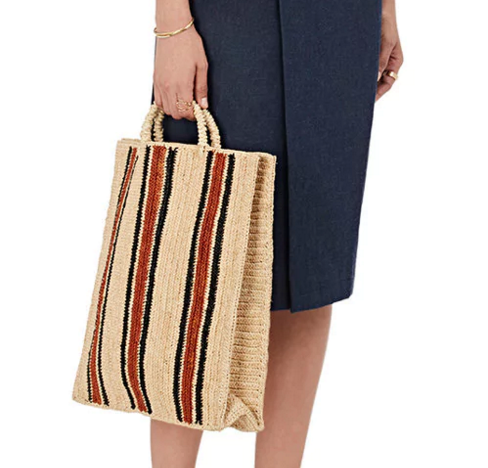 Natural straw bag with red and navy stripes