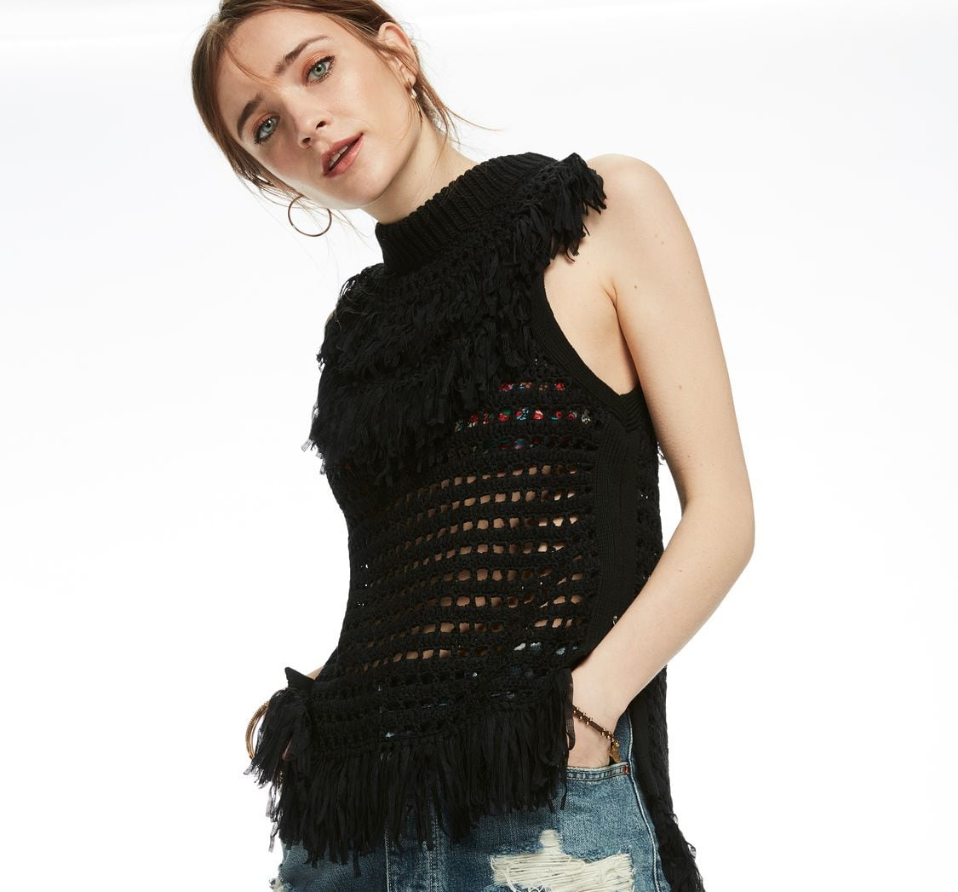 Scotch and Soda black fringe knitted top
