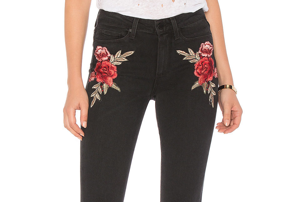 Paige Denim black jeans with red rose embroidery