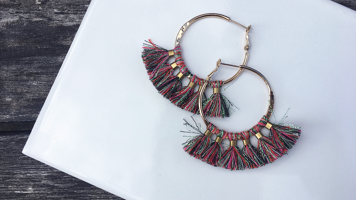 Gold hoops with colorful tassel earrings 