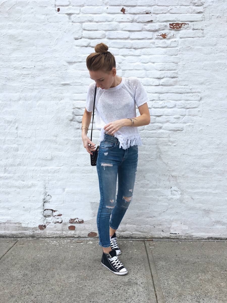 White fringe top with denim outfit