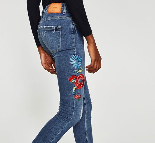 Zara jeans with red flower embroidery