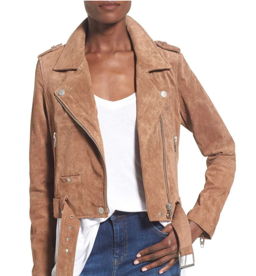 Model wearing BlankNYC suede jacket in beige
