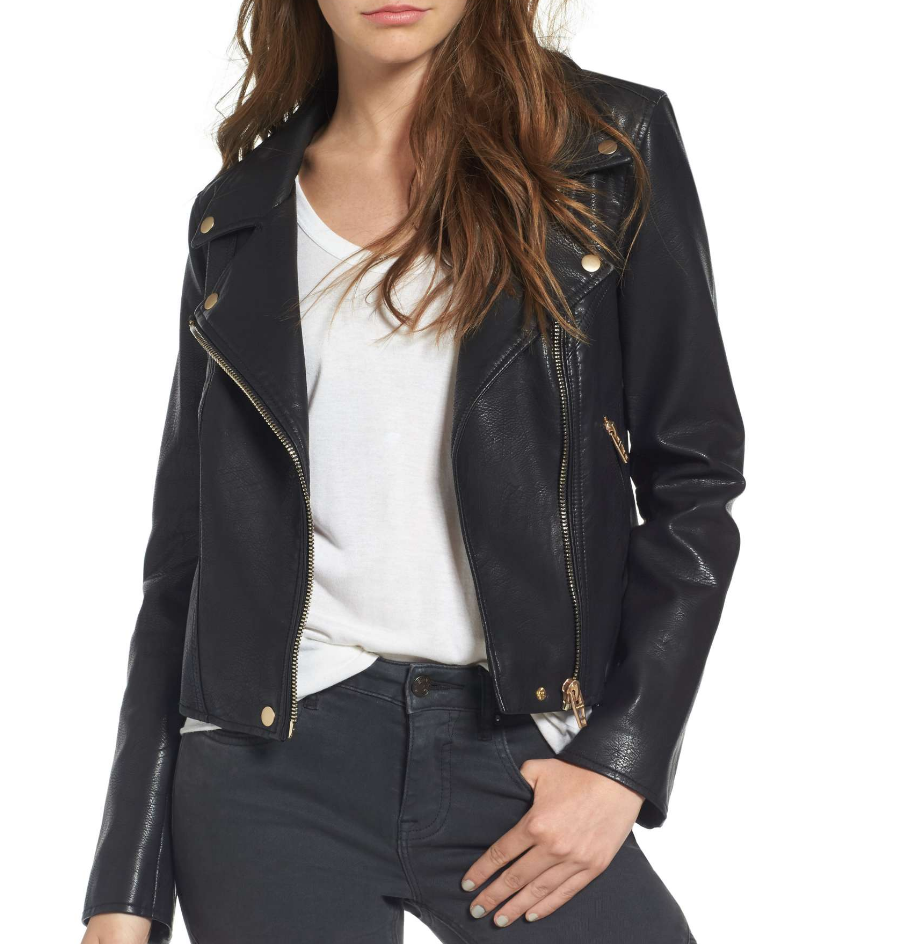 Model wearing BlankNYC leather jacket in black