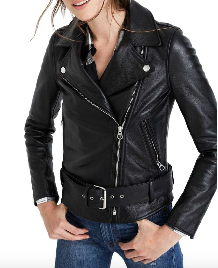 Model wearing black Madewell leather jacket