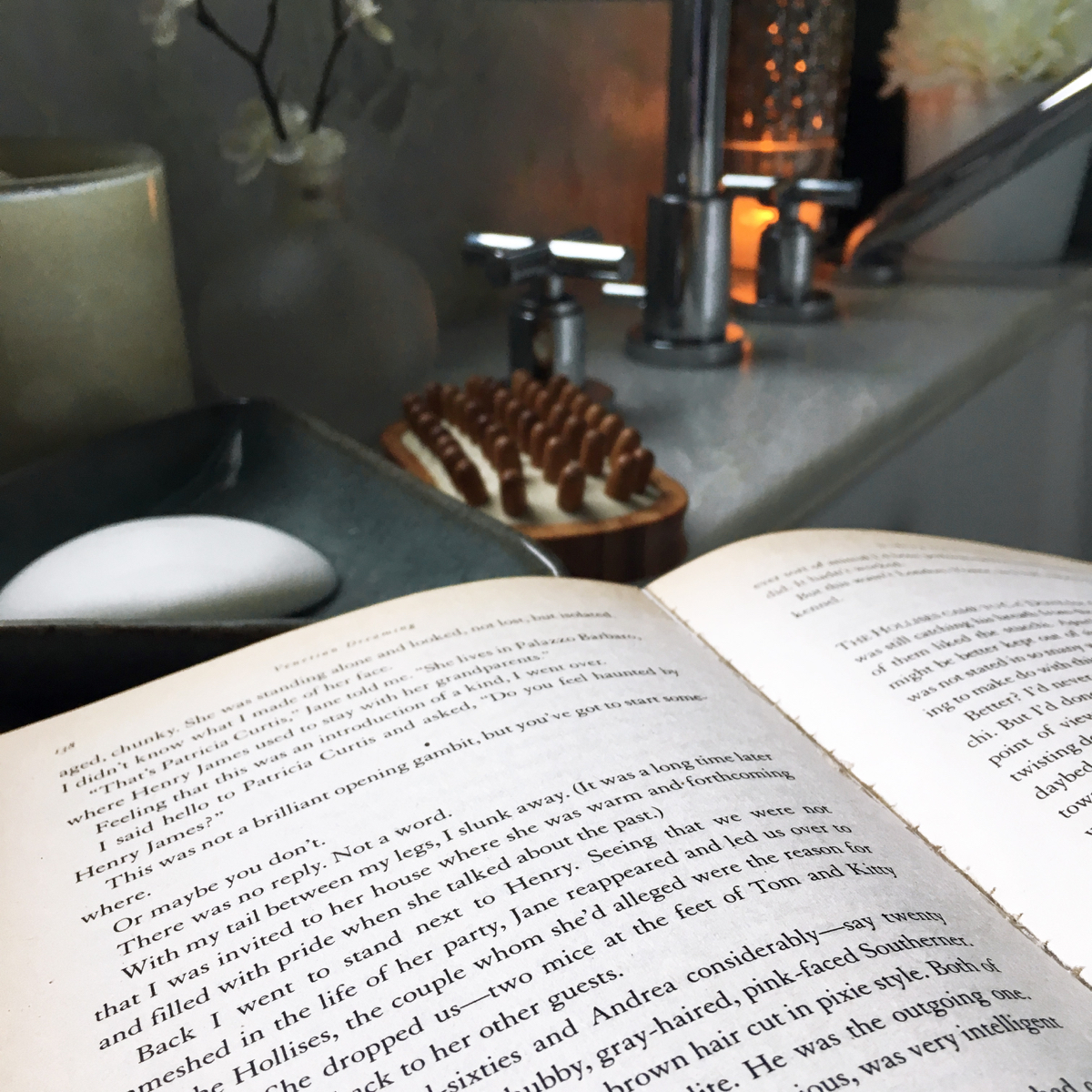 Book with bathtub in the background