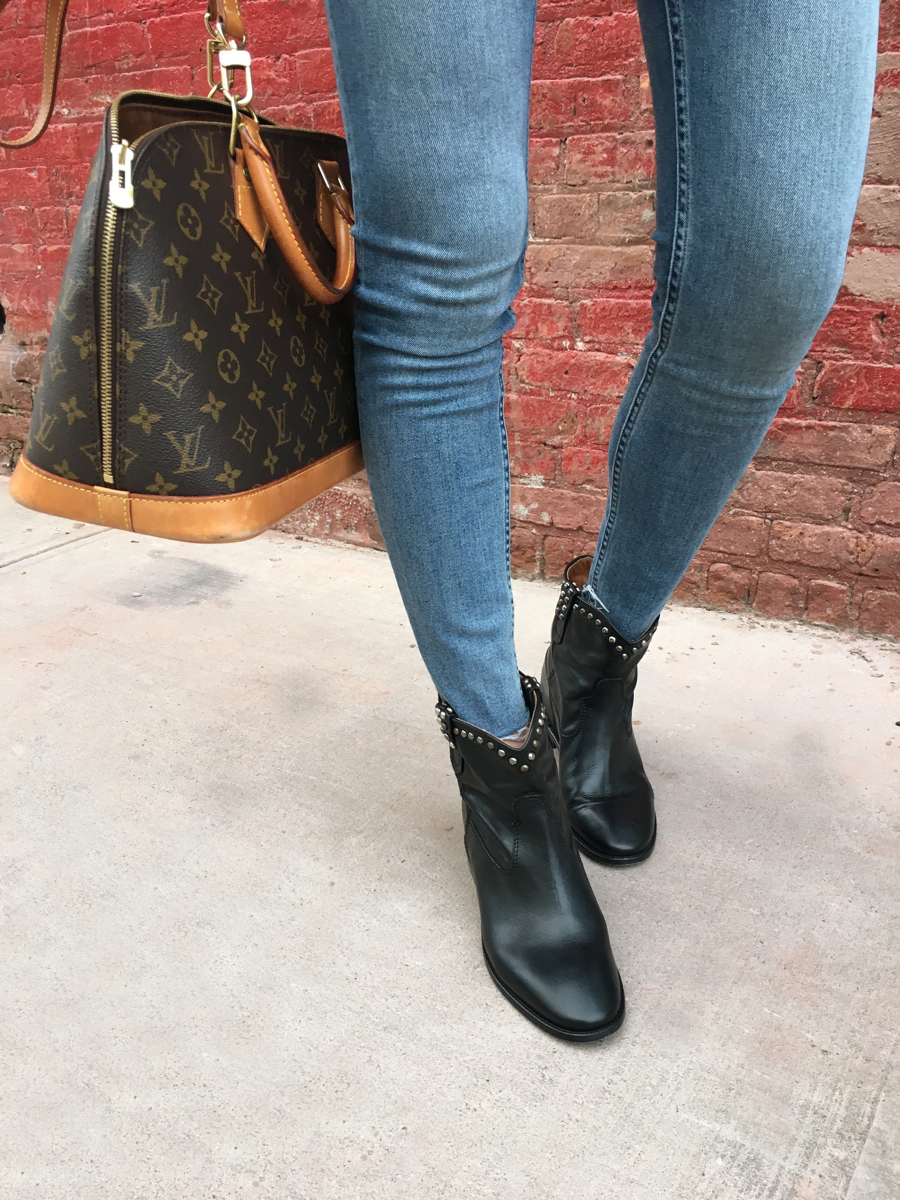 Detail shot of jeans, boots, and bag
