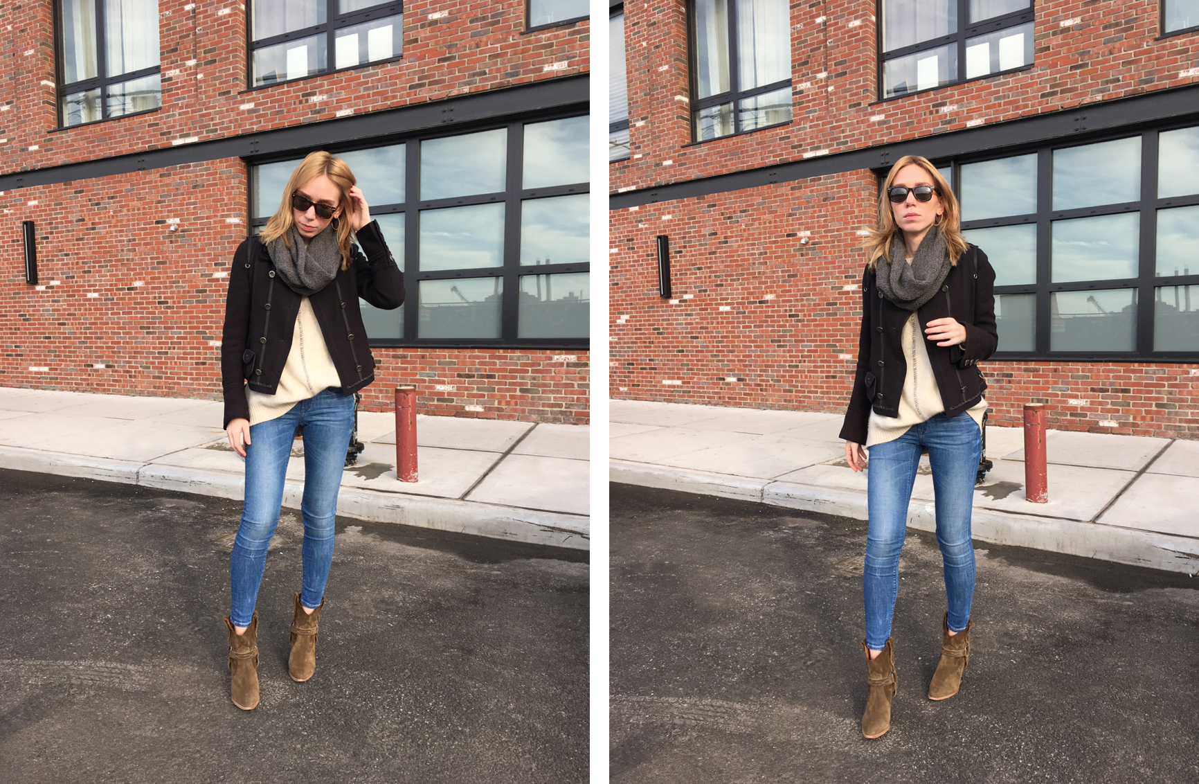 Two photos of woman posing in denim and navy jacket