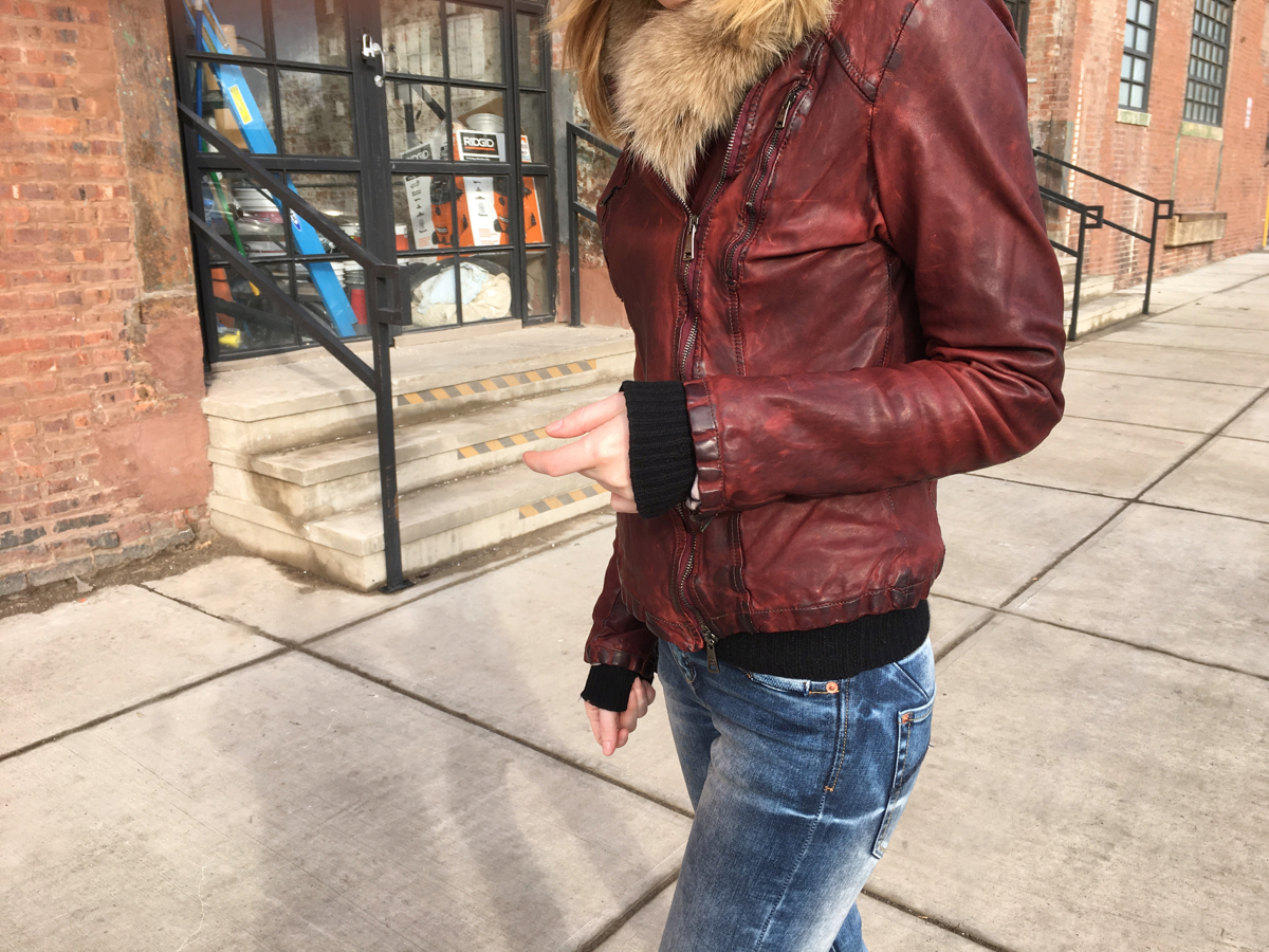 Detail shot of red leather jacket