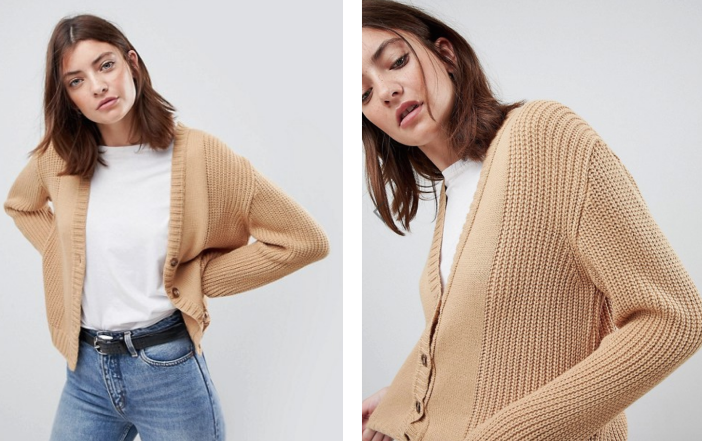 Model wearing cream colored cardigan from ASOS