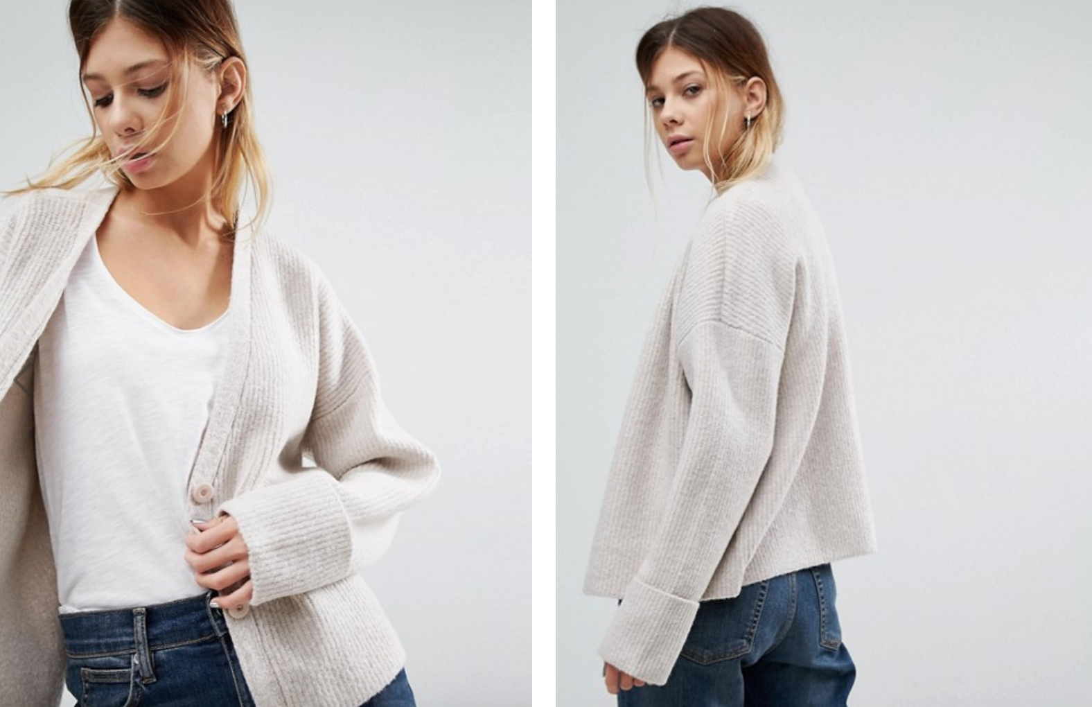 Model wearing grey cardigan from ASOS