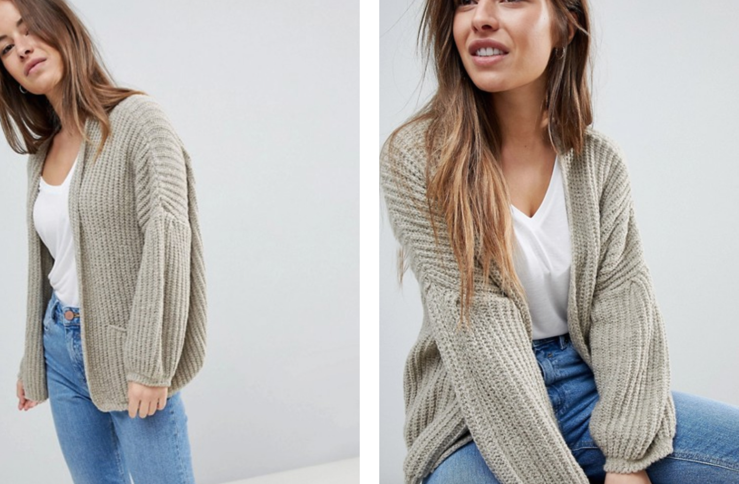 Model posing in grey cardigan from ASOS
