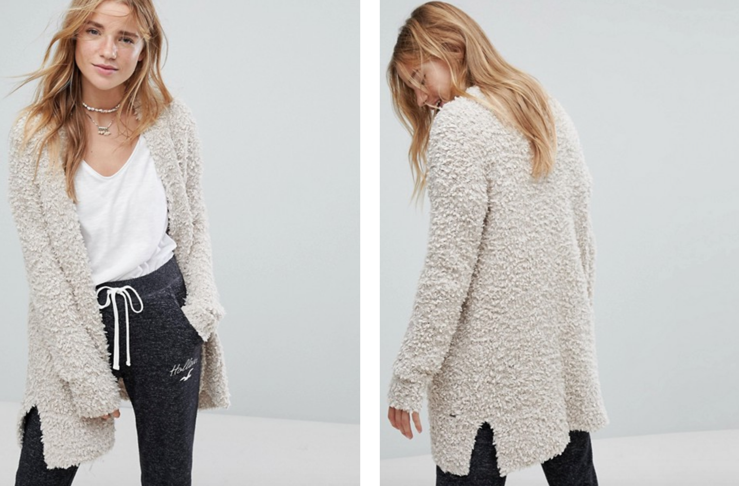 Model posing in grey cardigan from Hollister