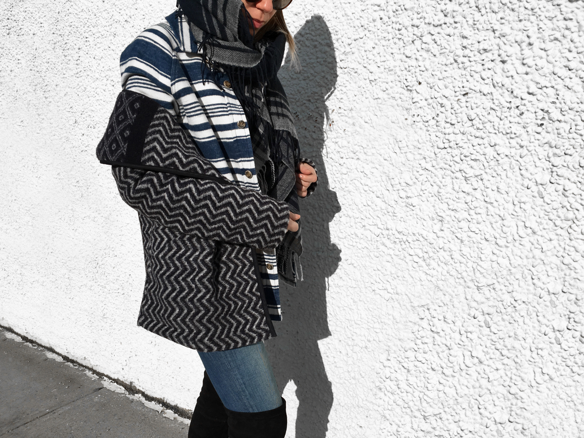 Side detail shot of layered navy jacket