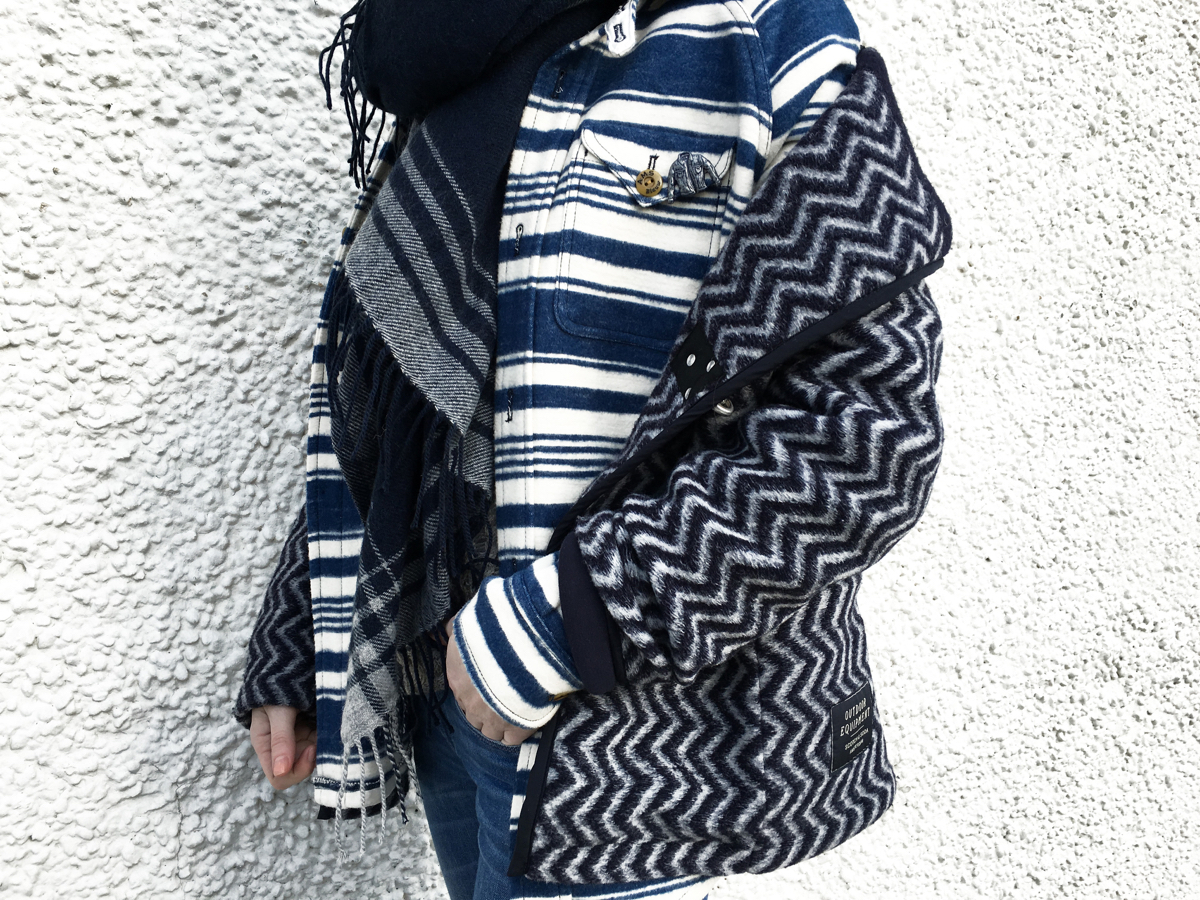 Side detail shot of layered navy jacket