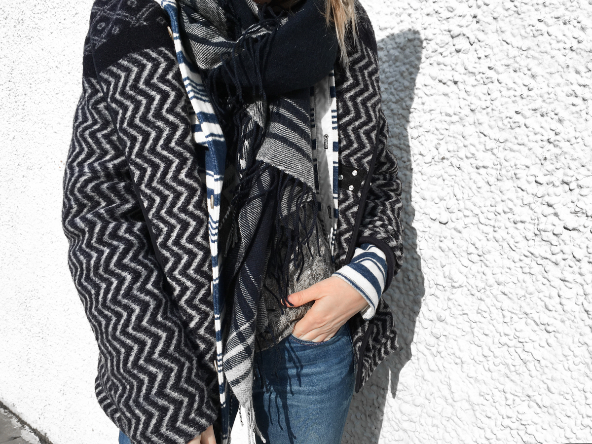 Detail shot of layered navy coat