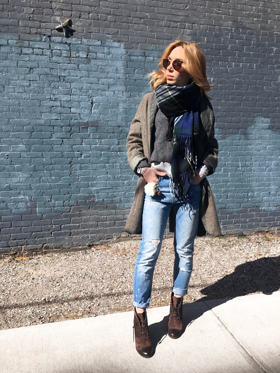 Woman posing in jeans and coat outfit