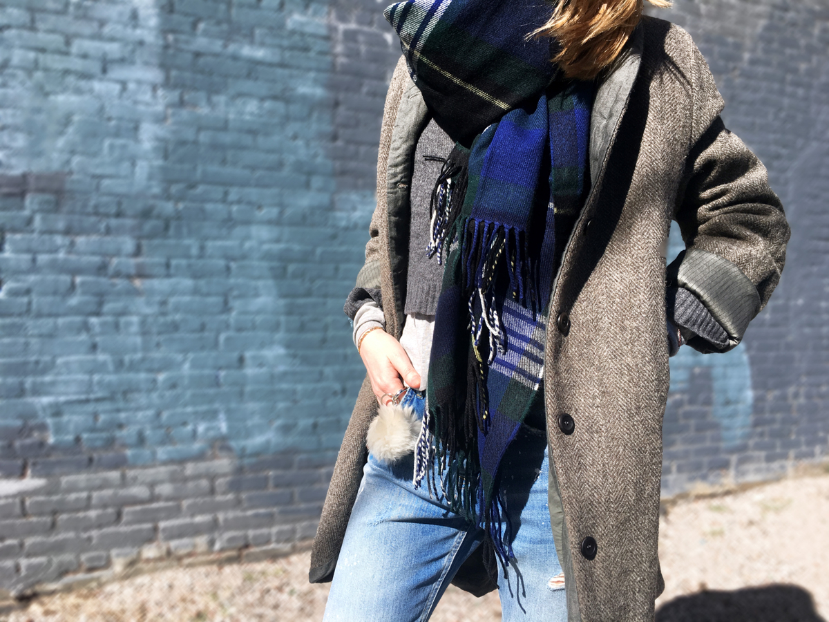 Detail shot of woman wearing coat and scarf