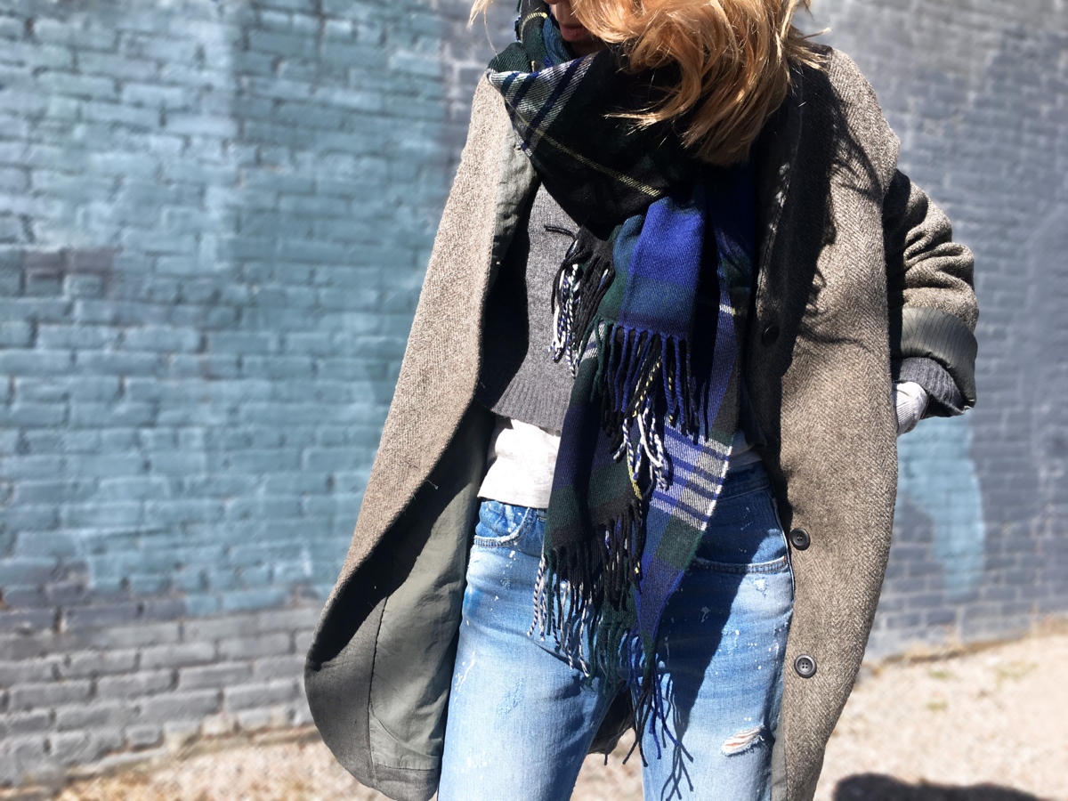 Detail shot of sweater with jacket and scarf