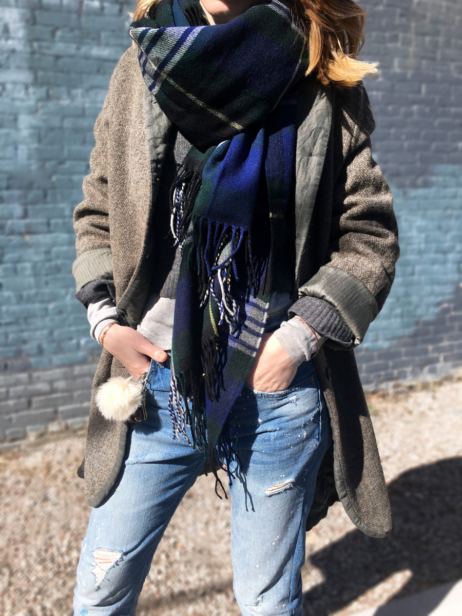 Detail shot of woman wearing coat and scarf
