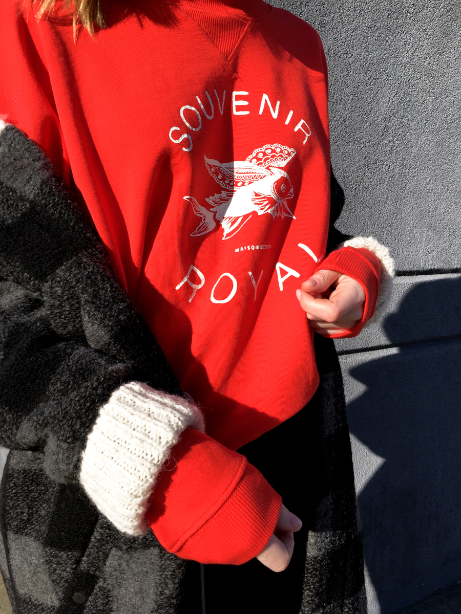 Detail shot of red sweater and Isabel Marant coat
