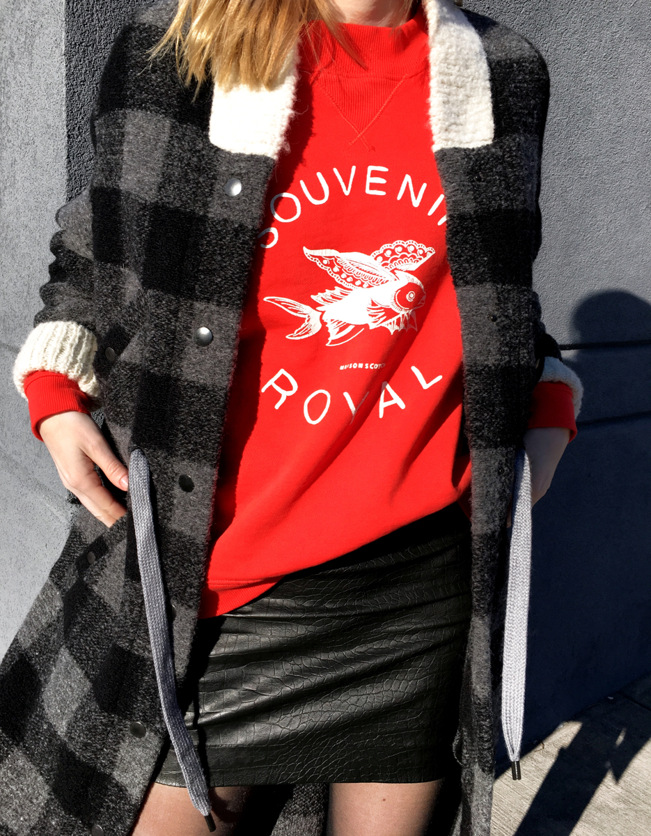 Detail shot of red sweater and coat