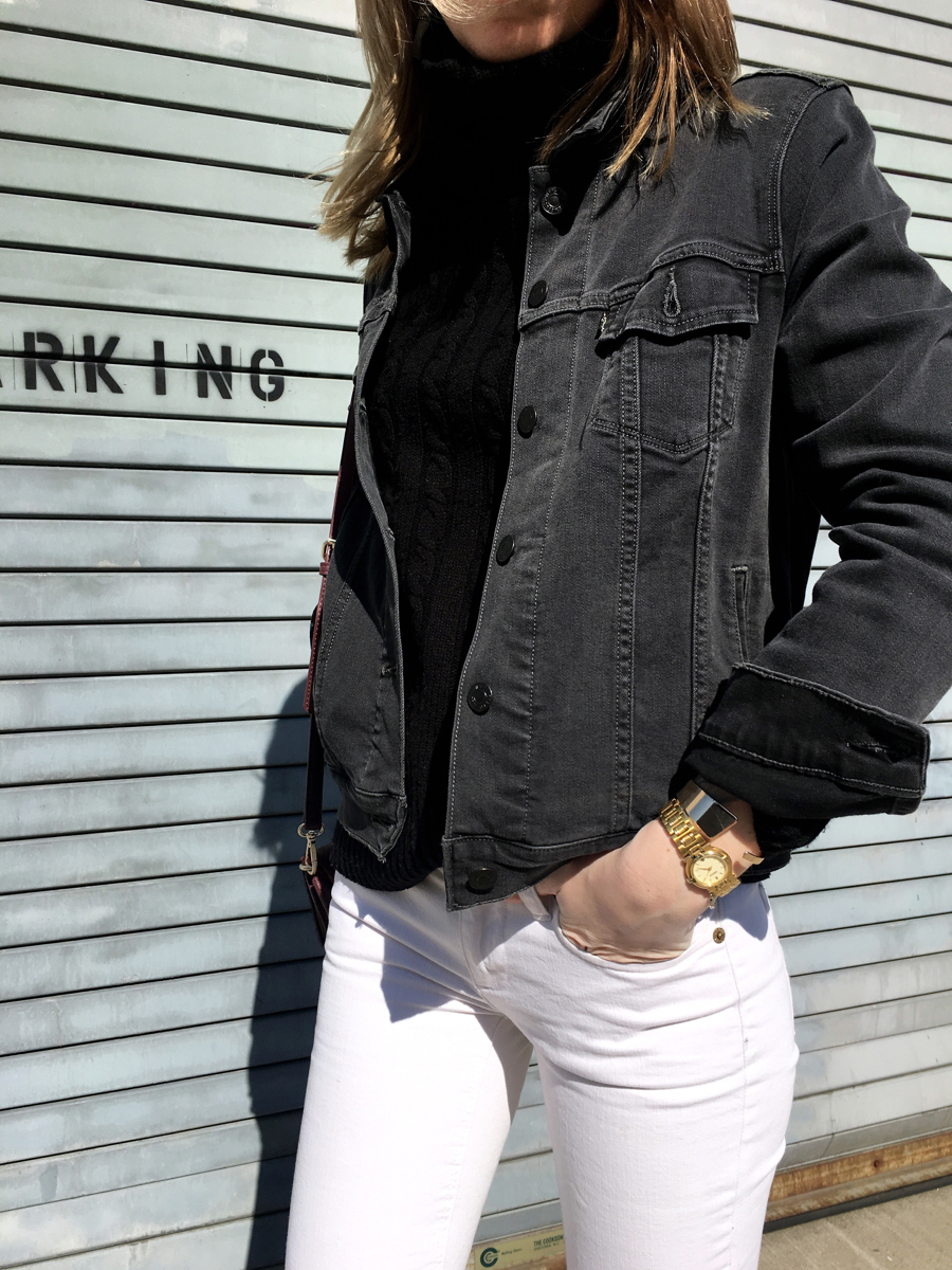 Side shot of grey denim jacket