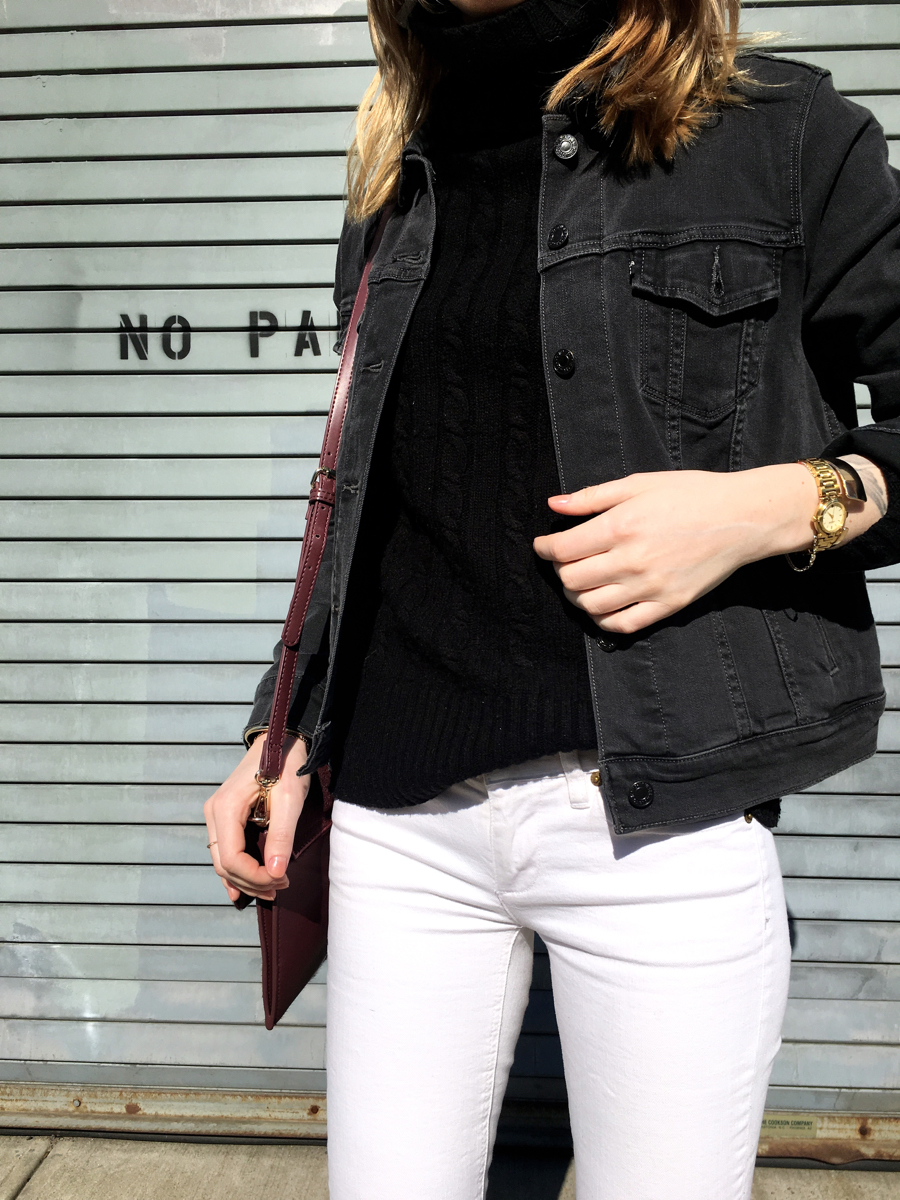 Detail shot of grey denim jacket with black turtleneck