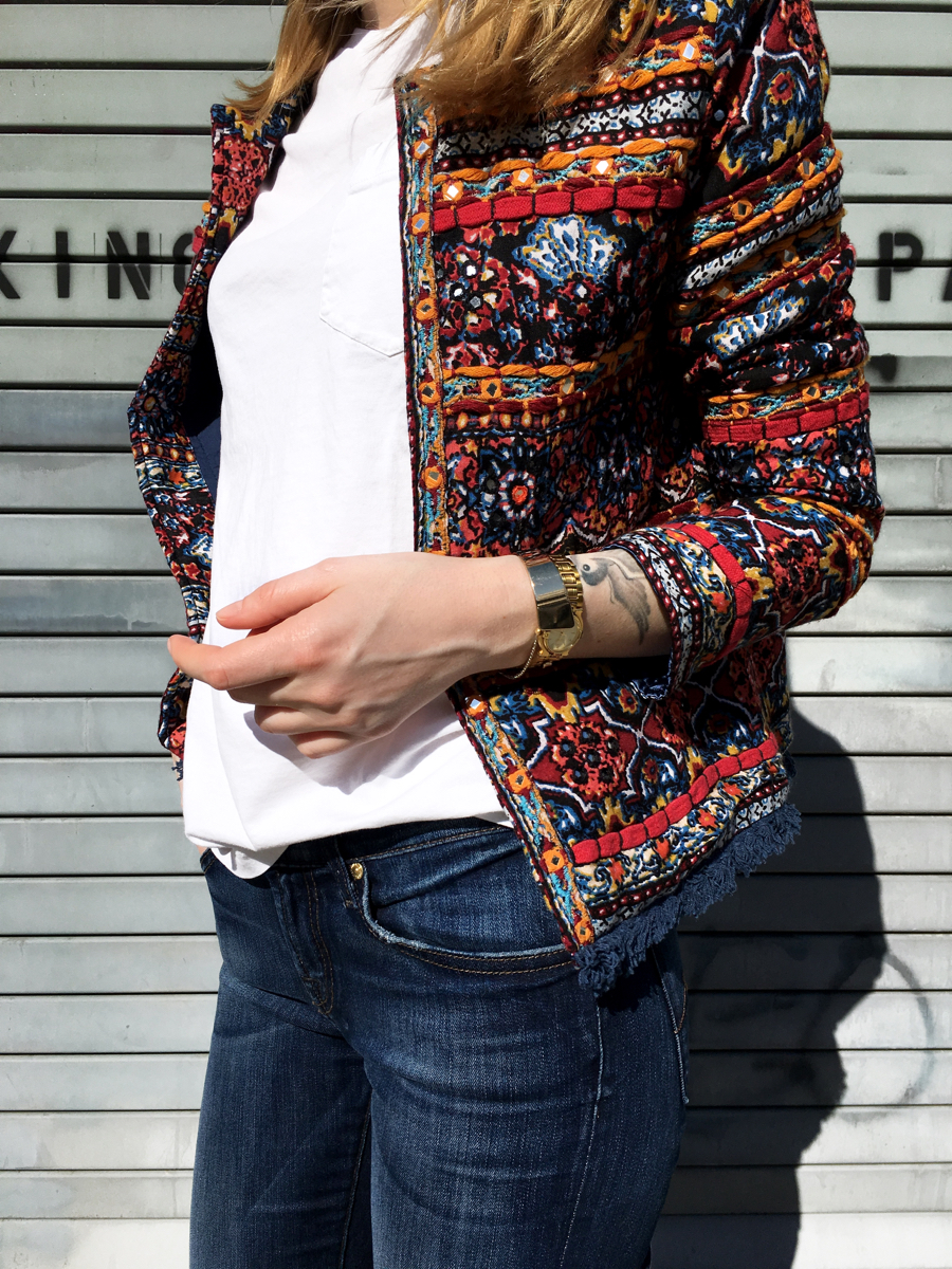 Side detail shot of embellished jacket