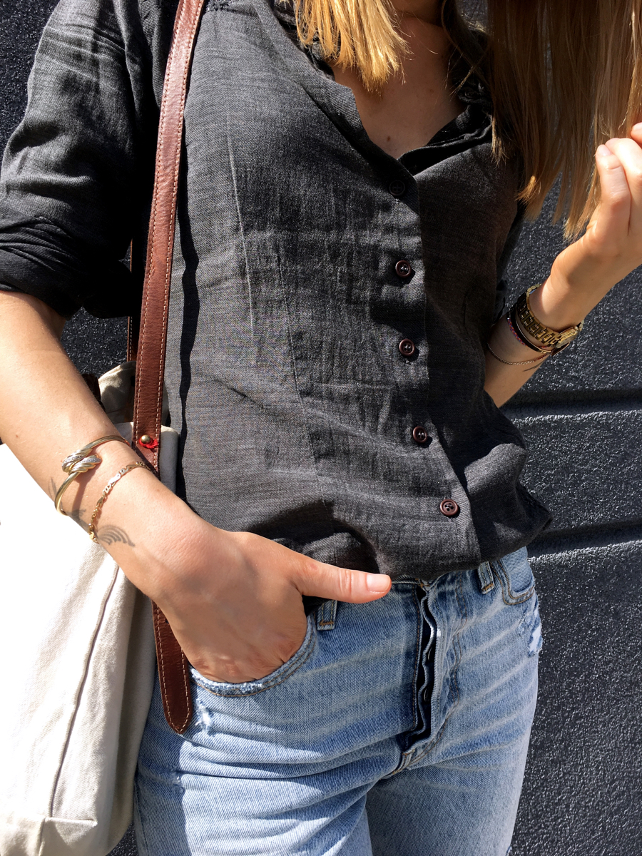 Side detail shot of grey button down shirt
